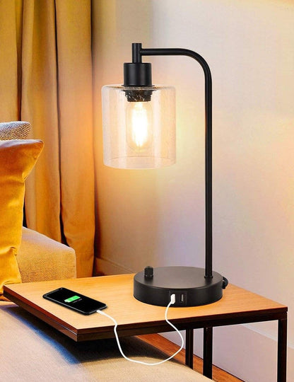 2x Pack Industrial Table Lamp with 2 USB Port for Bedside Nightstand Desk and Living Room Office (Bulb not Included)