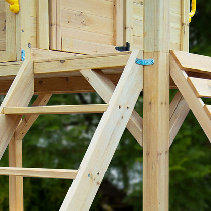 ROVO KIDS Wooden Tower Cubby House with Slide, Sandpit, Climbing Wall, Noughts & Crosses, Natural Colour