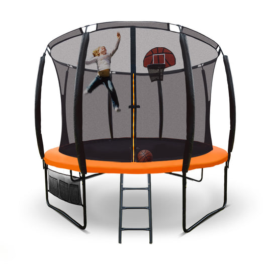 UP-SHOT 10ft Round Kids Trampoline with Curved Pole Design, Basketball Set and Sprinkler Accessory, Black and Orange