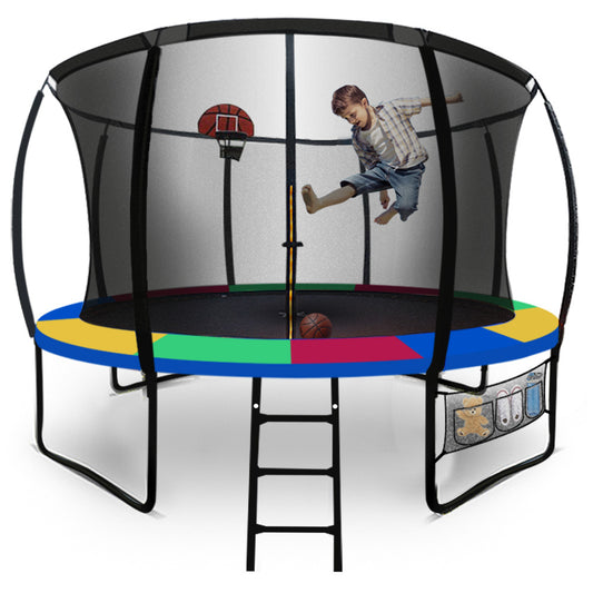 UP-SHOT 12ft Round Kids Trampoline with Curved Pole Design, Basketball Set and Sprinkler Accessory, Black and Multi-colour