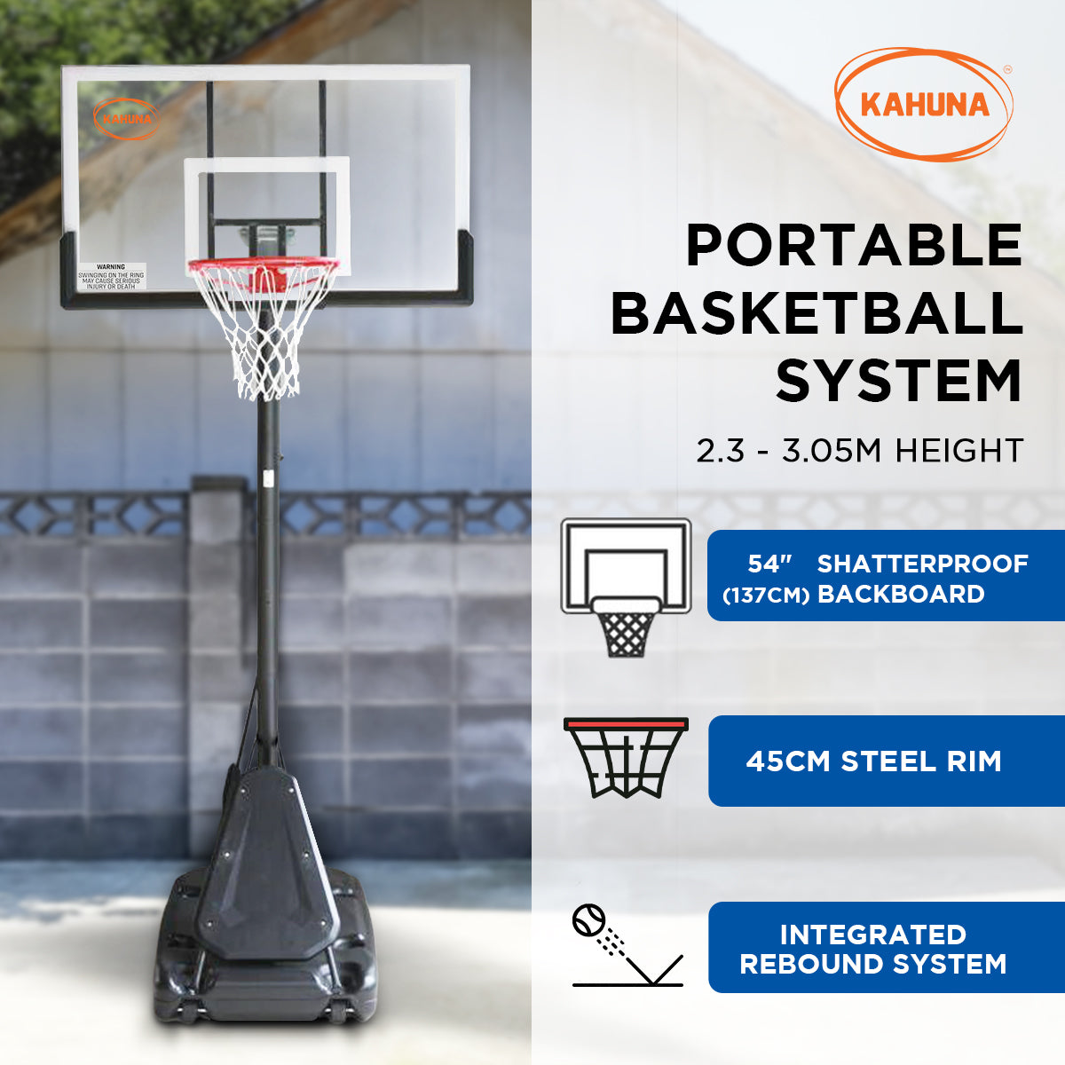 Kahuna Portable Basketball Hoop System 2.3 to 3.05m for Kids & Adults