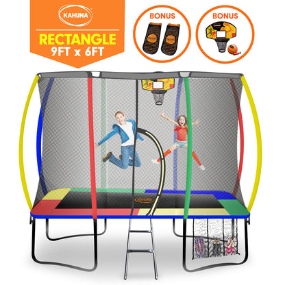 Kahuna 6ft X 9ft Outdoor Rectangular Rainbow Trampoline Safety Enclosure And Basketball Hoop Set