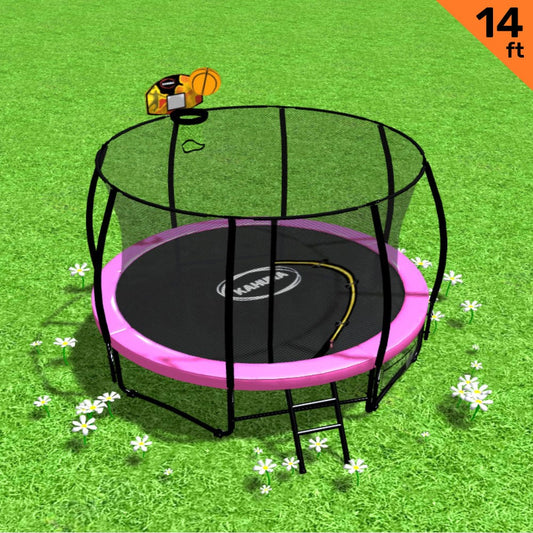 Kahuna 14ft Outdoor Trampoline Kids Children With Safety Enclosure Pad Mat Ladder Basketball Hoop Set - Pink